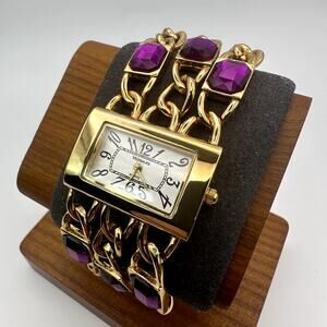 Versales Gold Tone Jewelry Chain Quartz Watch w Purple Stones Rectangular Dial